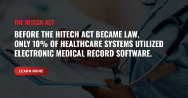 When the HITECH act was passed, only 10% of healthcare systems utilized EMRs. Image of nurse with notepad.