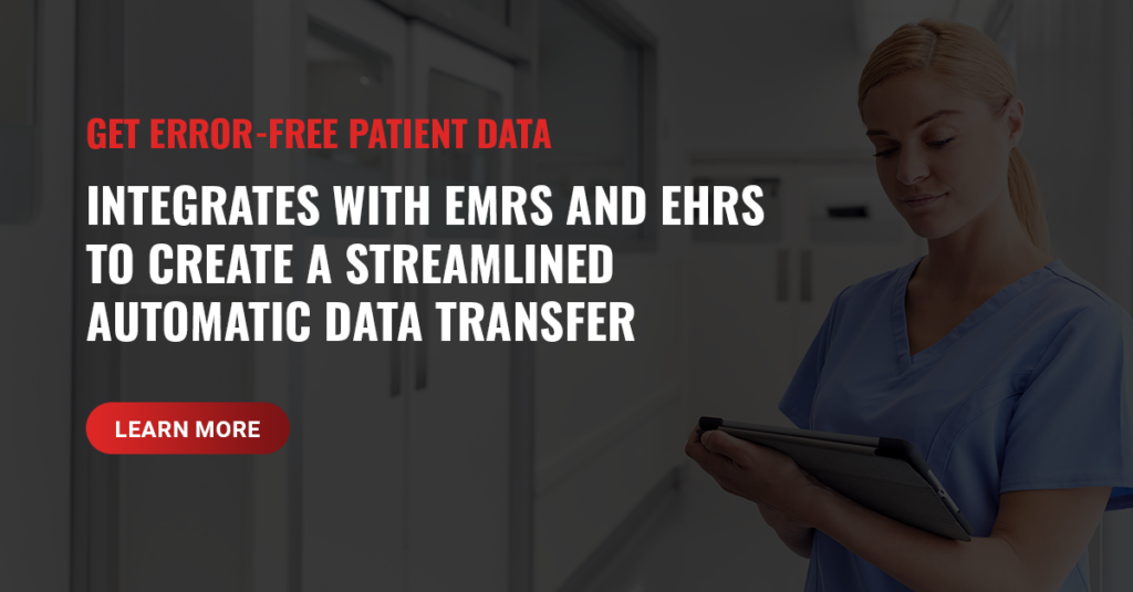 Woman holds tablet with heading about integrating EMRs and EHRs to create streamlined automatic data transfer